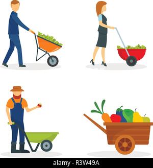 Wheelbarrow garden plant yard banner concept set. Flat illustration of 4 Wheelbarrow garden plant yard vector banner horizontal concepts for web. Stock Vector