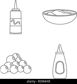 Mustard seeds sauce bottle icons set. Outline illustration of 4 mustard seeds sauce bottle vector icons for web Stock Vector