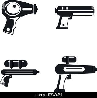 Squirt gun water pistol game icons set. Simple illustration of 4 squirt gun water pistol game vector icons for web Stock Vector