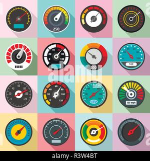 Speedometer level indicator icons set. Flat illustration of 16 speedometer level indicator vector icons for web Stock Vector