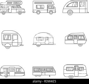 Motorhome car trailer camp house icons set. Outline illustration of 9 motorhome car trailer camp house vector icons for web Stock Vector
