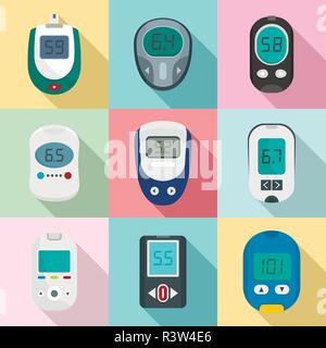 Glucose meter sugar blood test device icons set. Flat illustration of 9 glucose meter sugar blood test device vector icons for web Stock Vector