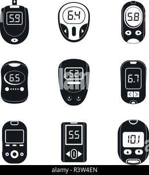 Glucose meter sugar blood test device icons set. Simple illustration of 9 glucose meter sugar blood test device vector icons for web Stock Vector