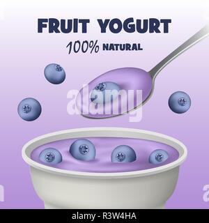Blackberry fruit yogurt concept background. Realistic illustration of blackberry fruit yogurt vector concept background for web design Stock Vector