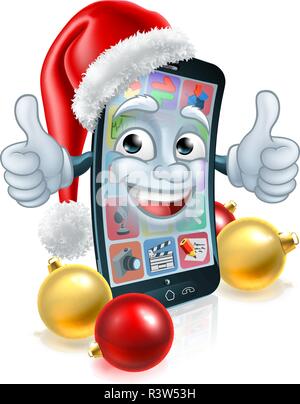 Christmas Cartoon Mobile Cell Phone in Santa Hat Stock Vector