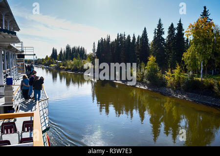 USA, Alaska, Fairbanks. Chena River, Paddle-wheel steamer boat 'Discovery III' touring river. Stock Photo