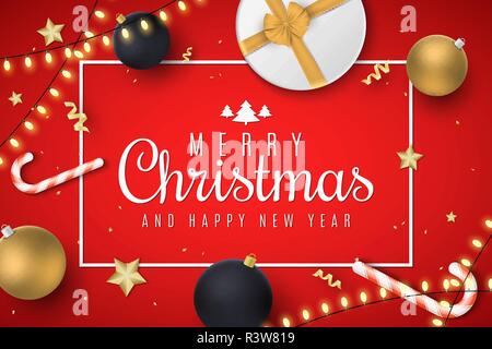 Christmas greeting card. Golden and black balls. Gift box with tape. Confetti with serpentine. Golden stars and lollipops. Glowing golden garland. Vec Stock Vector