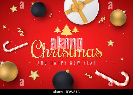 Christmas greeting card. Golden and black balls. Gift box with tape. Confetti with serpentine. Golden stars and lollipops. Scattered jewelry and gifts Stock Vector