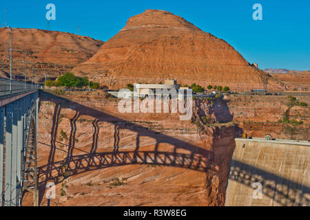 USA, Arizona, Page, Glen Canyon National Recreation Area, Glen Canyon Dam and Colorado River Bridge Stock Photo