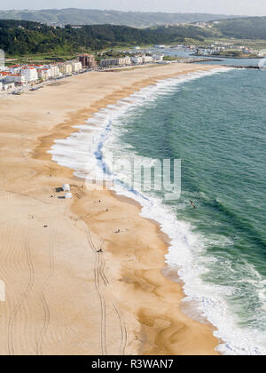 View over town and beach from Sitio. The town Nazare on the coast of the Atlantic Ocean. Portugal. Stock Photo