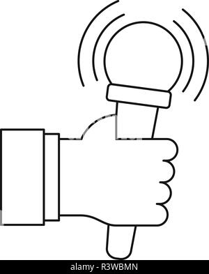 Microphone in hand icon. Outline microphone in hand vector icon for web design isolated on white background Stock Vector