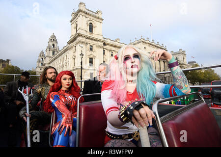A group of superheroes and villains descended on London this morning ahead of MCM Comic Con’s return to the capital on Friday. Cosplayers dressed as Ironman, Spiderwoman, Aquaman, Bane and Harley Quinn were seen at a bus stop, on Oxford Street and on a double decker bus. MCM Comic Con will take place from 26-28 October at ExCeL London; visit www.mcmcomiccon.com for day tickets.  Featuring: Atmosphere Where: London, United Kingdom When: 24 Oct 2018 Credit: Jonathan Hordle/PinPep/WENN.com Stock Photo