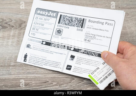 Easyjet boarding pass on the hand Stock Photo
