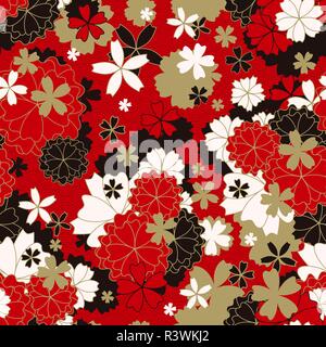 Japanese classic Sakura Vector Seamless Patternfloral in red, white, black and light beige colors with golden stroke. Traditional kimono, Asian festive motif. Spring flowers in blossom, gold effect Stock Vector