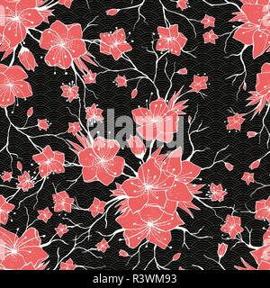 Sakura branches seamless pattern. Japanese Cherry abstract texture. Apple tree twigs with flowers and buds. Vector Red Flower blossom background, white contour, outline. Stock Vector