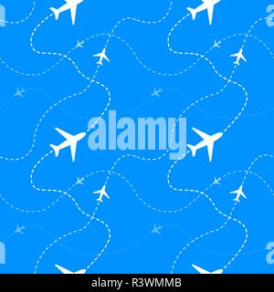 White airline routes with planes on blue, seamless pattern Stock Vector