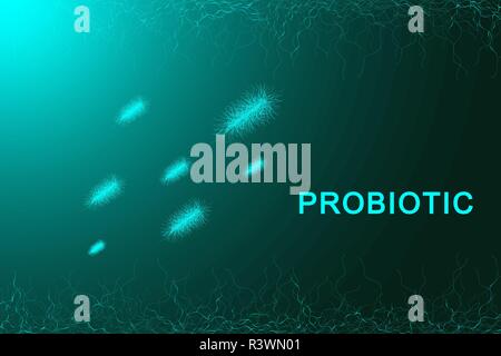 Probiotics flow. Concept design template with probiotic bacteria, bifidobacterium, molecule or atom, neurons. Scientific vector illustration. Stock Vector