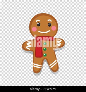 Vector illustration of cute smiling cartoon gingerbread man isolated on transparent background. Festive, holiday sweet christmas cookie decorated with Stock Vector