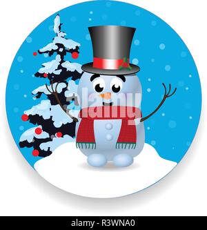 Christmas, new year round sign icon with cute cartoon character snowman in top hat, fir tree isolated on white background. Vector illustration, icon,  Stock Vector
