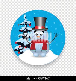 Christmas, new year round sign icon with cute cartoon character snowman in top hat, fir tree isolated on transparent background. Vector illustration,  Stock Vector