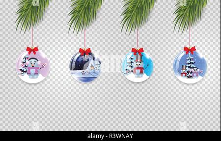 Vector set of Christmas tree branches with xmas and new year balls decorated with red bow on transparent background. Collection of Clip art, icons, si Stock Vector