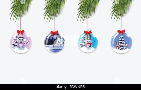 Vector set of Christmas tree branches with xmas and new year balls decorated with ribbon isolated on white background. Collection of Clip art, icons,  Stock Vector