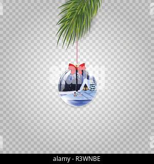 Christmas tree branch with xmas and new year ball decorated with winter house and red ribbon on transparent background. Vector illustration, clip art, Stock Vector