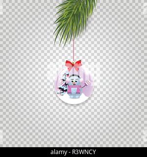 Christmas tree branch with xmas and new year ball decorated with snowgirl and red bow on transparent background. Vector illustration, clip art, icon,  Stock Vector