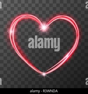 Neon blurry love symbol, red magic light trail effect at motion. Luminous rays in heart shape on transparent background Stock Vector