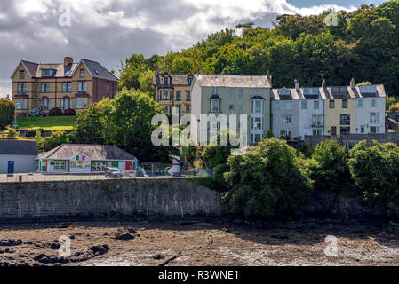 BANGOR, UNITED KINGDOM - September 05: View of riverside buildings along the Menai Strait near Garth Pier in Bangor on September 05, 2018 in Bangor Stock Photo