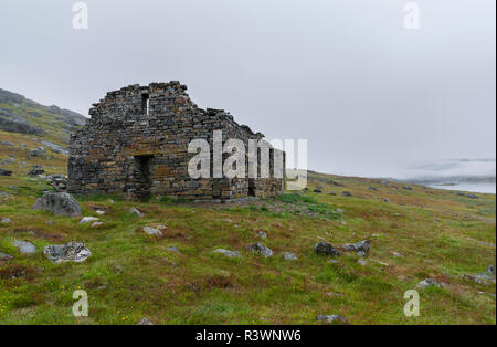 Ruins of the church. Hvalsey, a norse (Viking) settlement in Greenland on the shore of Hvalseyfjord. Stock Photo