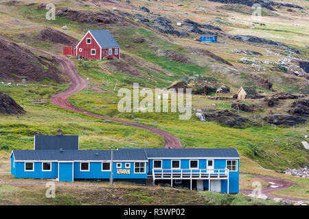 Replica of the church of Tjodhilde. The settlement Qassiarsuk, probably the old Brattahlid, the home of Erik the Red. Stock Photo