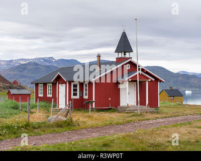 The church. The settlement Qassiarsuk, probably the old Brattahlid, the home of Erik the Red. Stock Photo