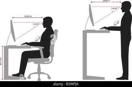 Correct sitting and standing posture when using a computer, silhouette Stock Vector