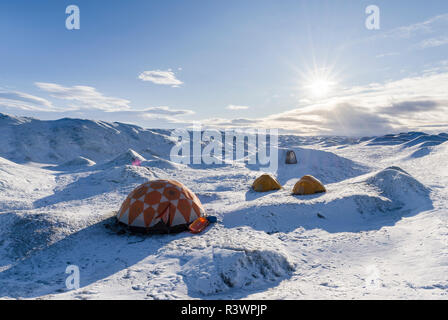 Camp on the ice cap. Landscape on the Greenland Ice Sheet near Kangerlussuaq, Greenland, Denmark (Editorial Use Only) Stock Photo