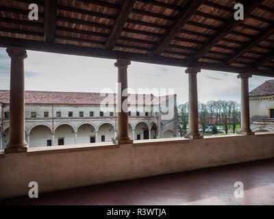 Inner courtyard of the cloister of the abbey of Carceri seen from the upper loggia. Stock Photo