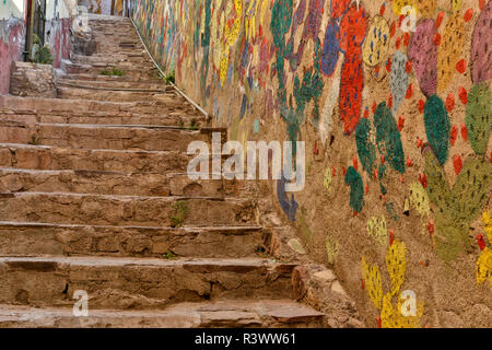 Guanajuato in Central Mexico. Stairway in stone with painted colorful wall Stock Photo