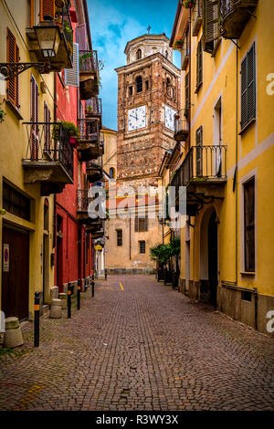 Italy Piedmont Cuneo Old City - View wit cathedral bell tower in via Saluzzo Stock Photo