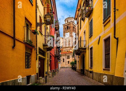 Italy Piedmont Cuneo Old City - View wit cathedral bell tower in via Saluzzo Stock Photo