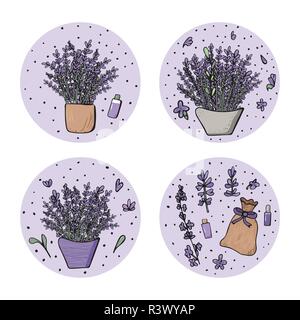Lavender round compositions in doodle style. Flowers circle badges collection isolated on white background. Vector illustration. Stock Vector