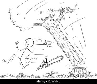 Cartoon of Lumberjack Running Away From Falling Tree Stock Vector