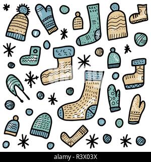 Knitted clothes. Warm socks, gloves, beanies set. Vector composition for poster. Stock Vector
