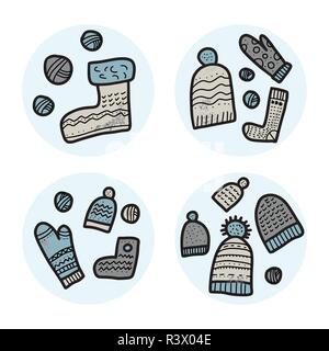 Knitted clothes. Set of round badges of  warm winter  socks, beanies, gloves set. Stock Vector