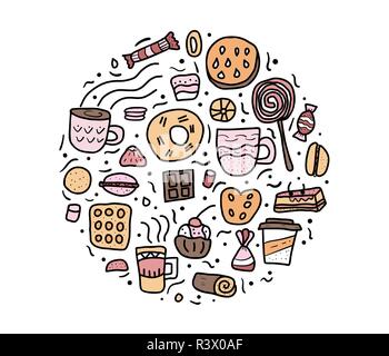 Vector round badge of desserts. Sweets cakes, donuts, candy and others snacks in doodle style isolated on white background. Stock Vector