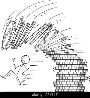 Cartoon of Man or Businessman Running Away From Falling Pile or Stack of Coins Stock Vector