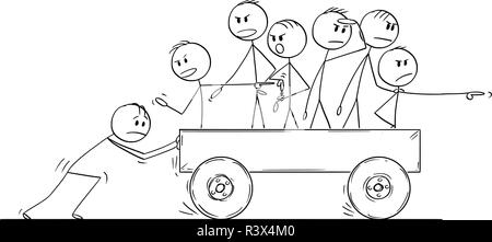 Cartoon of Group or Team of Men or Businessmen Riding on Cart Pushed by One Man and Complaining About Speed Stock Vector