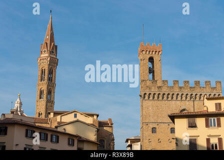 Palazzo Vecchio, the Old Palace in Florence, as seen from the Uffizi gallery. The tower of the Uffizi gallery. Stock Photo