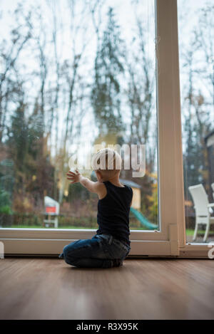 Little blond boy kneeling on a wooden floor at home in front of a glass patio door overlooking the garden with his hand on the glass in evening light. Stock Photo