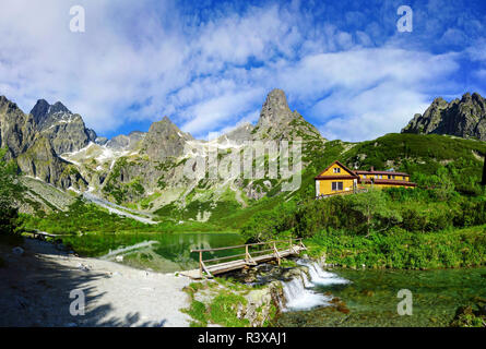 Zelene pleso lake in Tatra mountains with beautiful  bridge over waterfall - idyllic summer Stock Photo