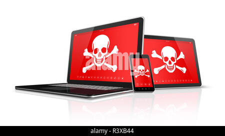 Laptop tablet pc and smartphone with pirate symbols on screen. Hacking concept Stock Photo